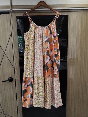 easel Floral Patchwork Midi/Maxi Dress in Green, Pink, Orange